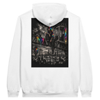 White urban streetwear hoodie with black and white crane cityscape back print and selective neon rainbow graffiti details.