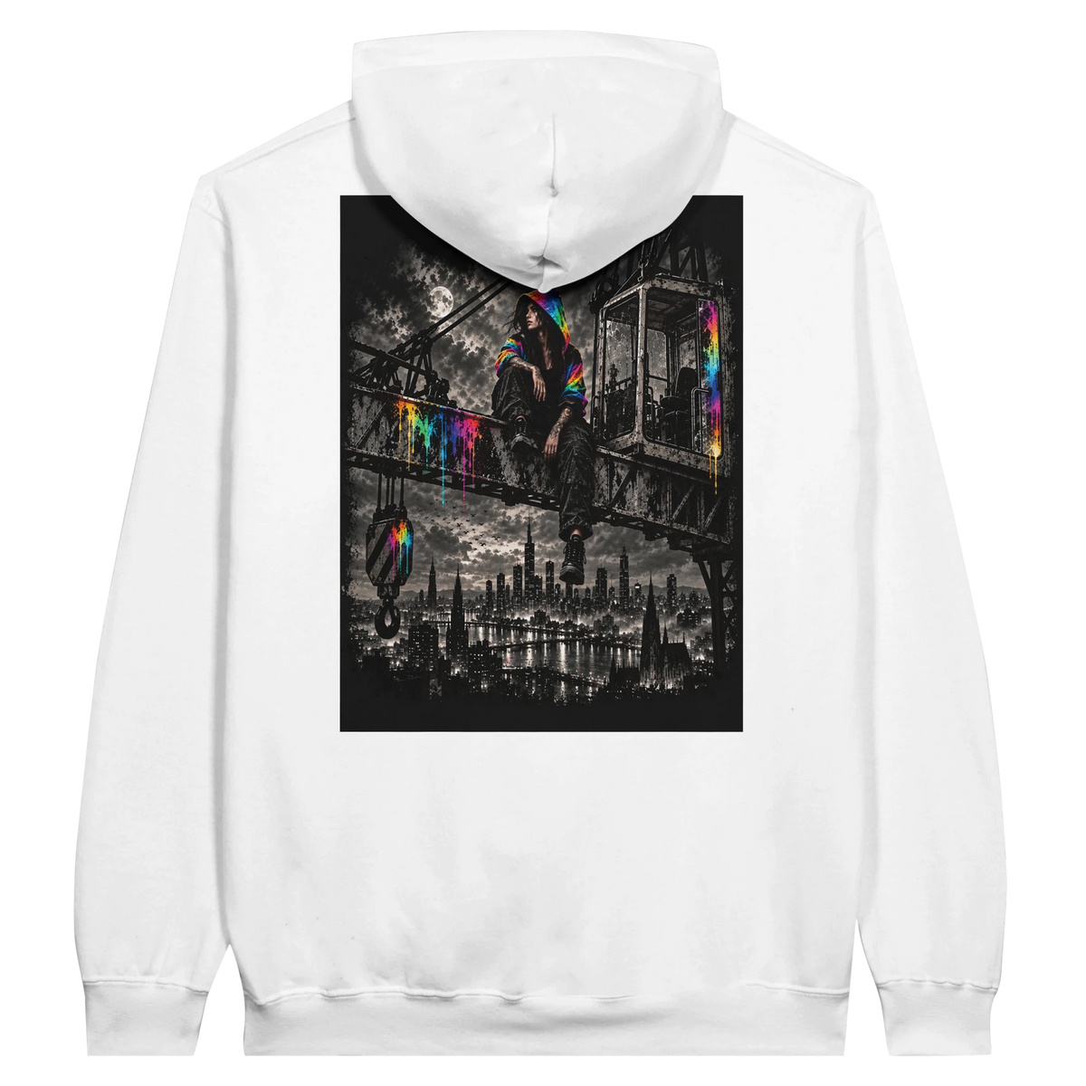 White urban streetwear hoodie with black and white crane cityscape back print and selective neon rainbow graffiti details.