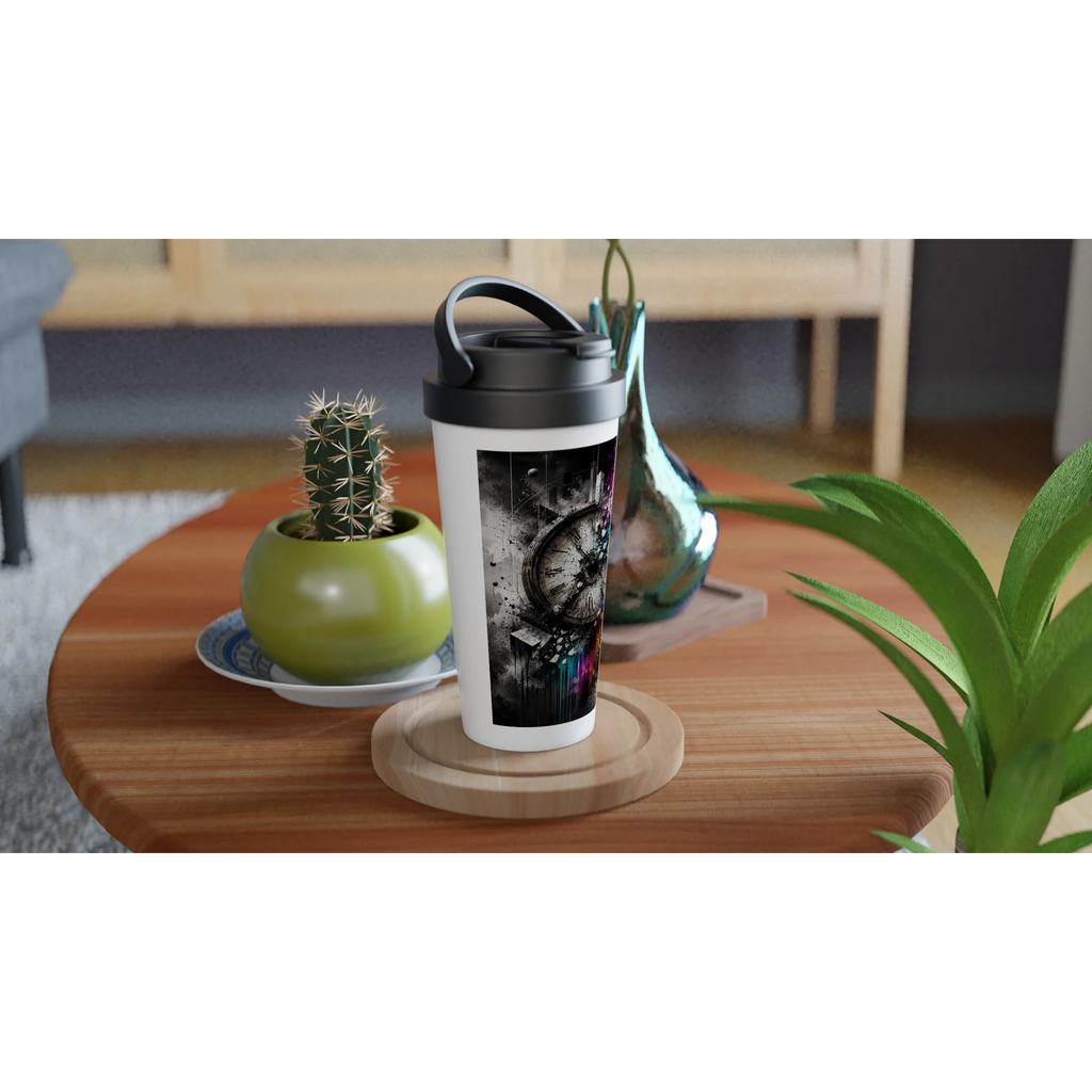 15oz stainless steel travel mug with a surreal shattered vintage clock design displayed on a wooden coffee table in a modern living room. The black-and-white artwork is accented with vibrant rainbow powder splashes, while plants and decorative vases create a warm, contemporary setting.