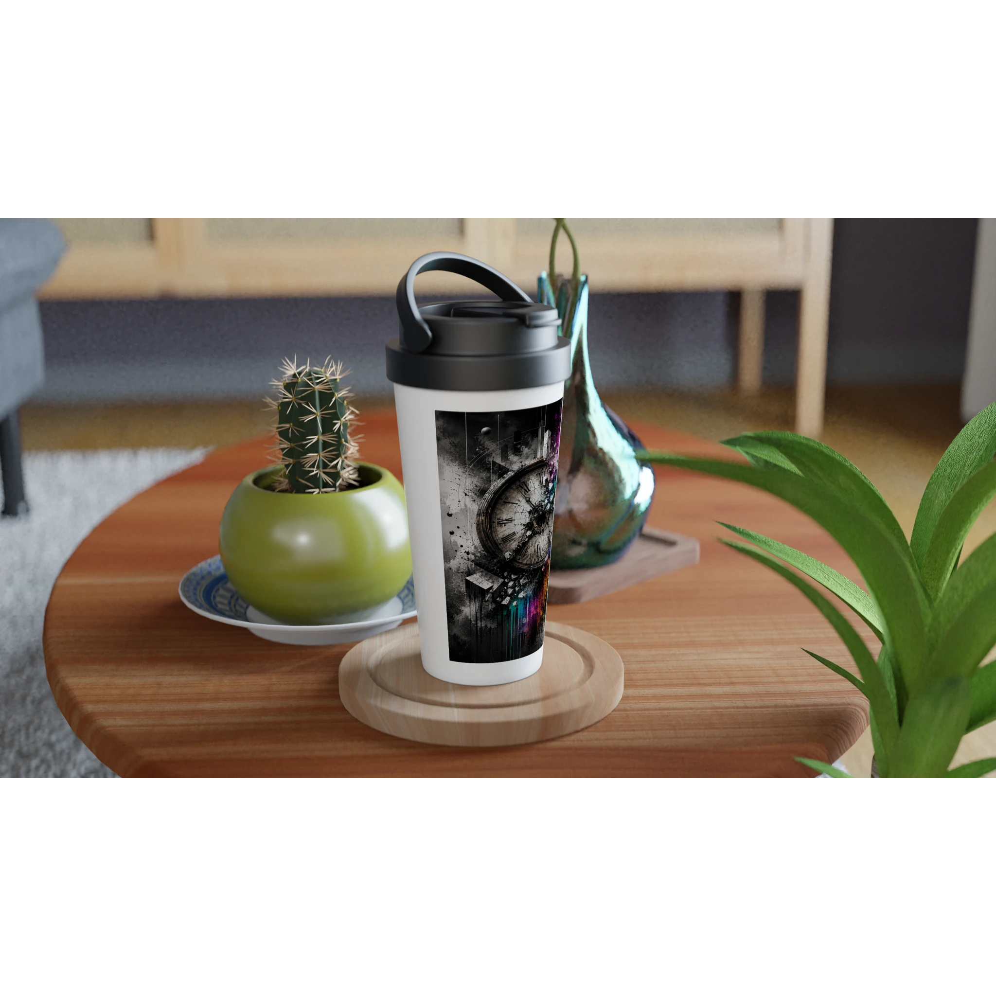 15oz stainless steel travel mug with a surreal shattered vintage clock design displayed on a wooden coffee table in a modern living room. The black-and-white artwork is accented with vibrant rainbow powder splashes, while plants and decorative vases create a warm, contemporary setting.