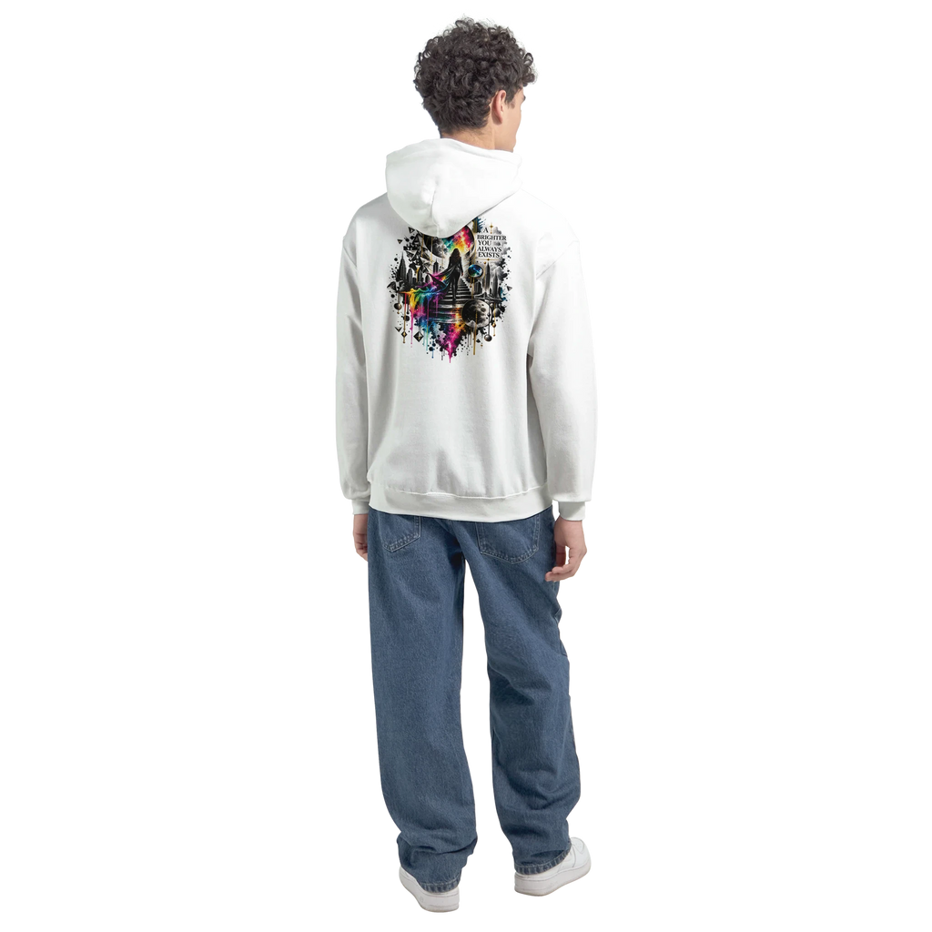 Male model wearing a white Personiq Kaleido hoodie with a colorful surreal neon back print and “A Brighter You Always Exists” statement.