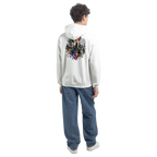 Male model wearing a white Personiq Kaleido hoodie with a colorful surreal neon back print and “A Brighter You Always Exists” statement.