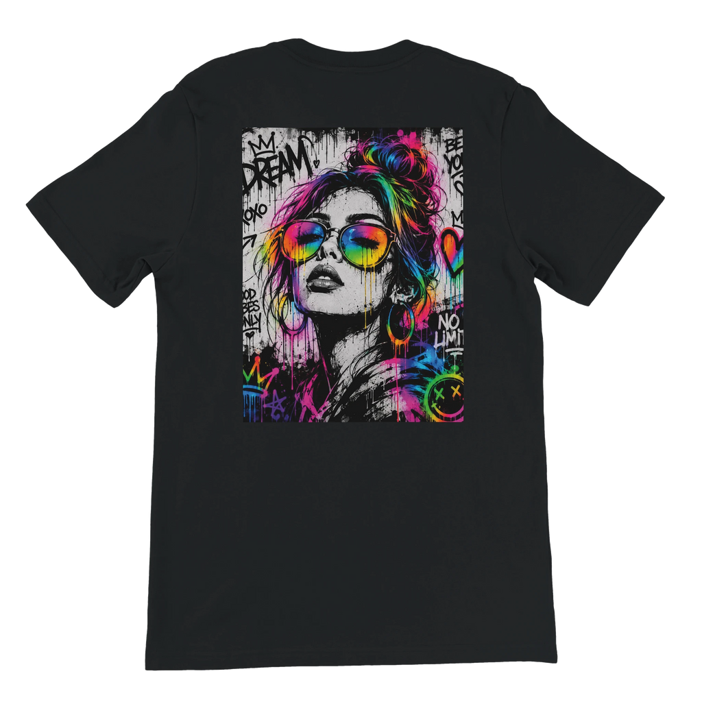 Back view of a black unisex statement T-shirt featuring a large NEON REBEL graffiti artwork in black and white with vibrant neon rainbow colors and bold street-art details.