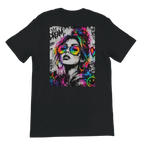 Back view of a black unisex statement T-shirt featuring a large NEON REBEL graffiti artwork in black and white with vibrant neon rainbow colors and bold street-art details.