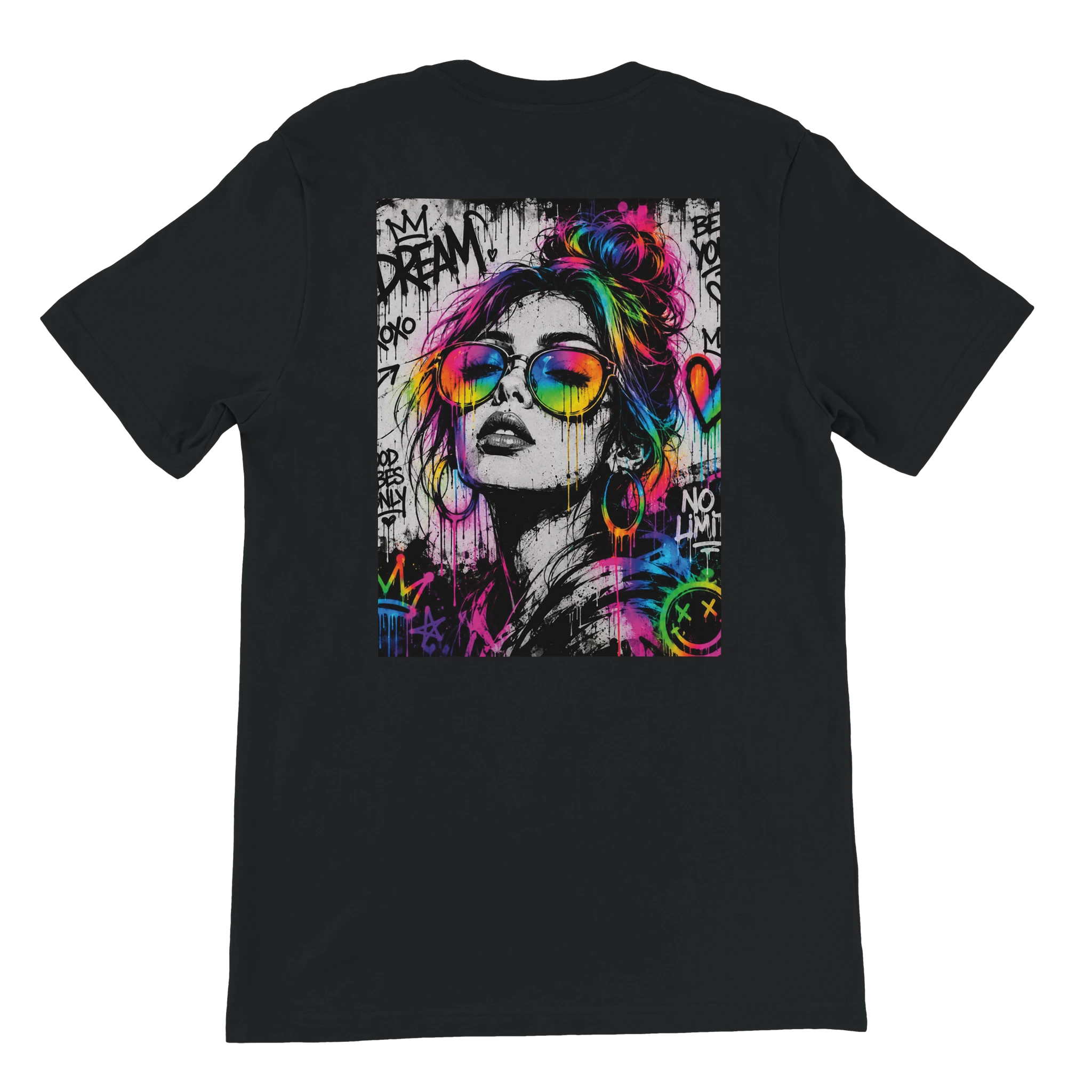Back view of a black unisex statement T-shirt featuring a large NEON REBEL graffiti artwork in black and white with vibrant neon rainbow colors and bold street-art details.