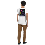 Young man shown from the back wearing a white T-shirt with a colorful neon lips “SPEAK UP” graphic, paired with brown pants and dark sneakers.