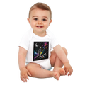 Smiling baby wearing a white organic bodysuit with a colorful starry night fantasy design featuring a moon, stars, and a magical dreamscape on a transparent background.