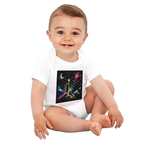 Smiling baby wearing a white organic bodysuit with a colorful starry night fantasy design featuring a moon, stars, and a magical dreamscape on a transparent background.