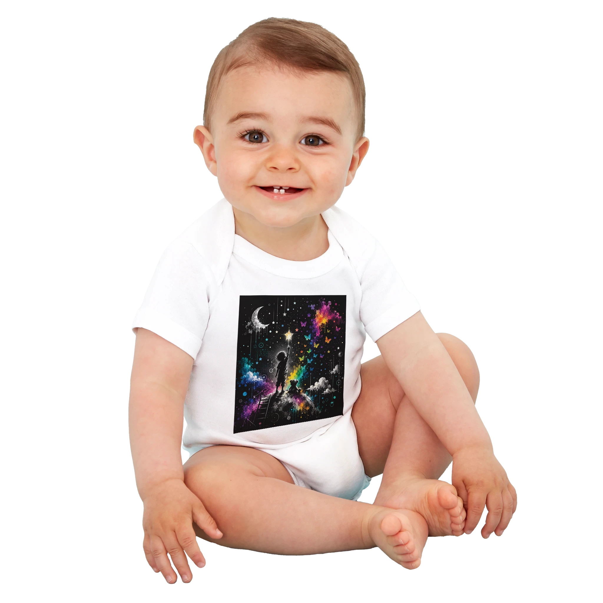 Smiling baby wearing a white organic bodysuit with a colorful starry night fantasy design featuring a moon, stars, and a magical dreamscape on a transparent background.