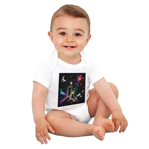 Smiling baby wearing a white organic bodysuit with a colorful starry night fantasy design featuring a moon, stars, and a magical dreamscape on a transparent background.