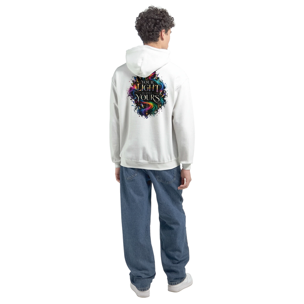 Male model wearing a white hoodie with the colorful “Your Light Is Still Yours” back print, shown from behind with blue jeans against a transparent background.