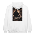 Back view of a white hoodie featuring a dark fantasy “Become Legend” graphic with a lone figure in a dramatic illuminated scene, shown as a clean product mockup.