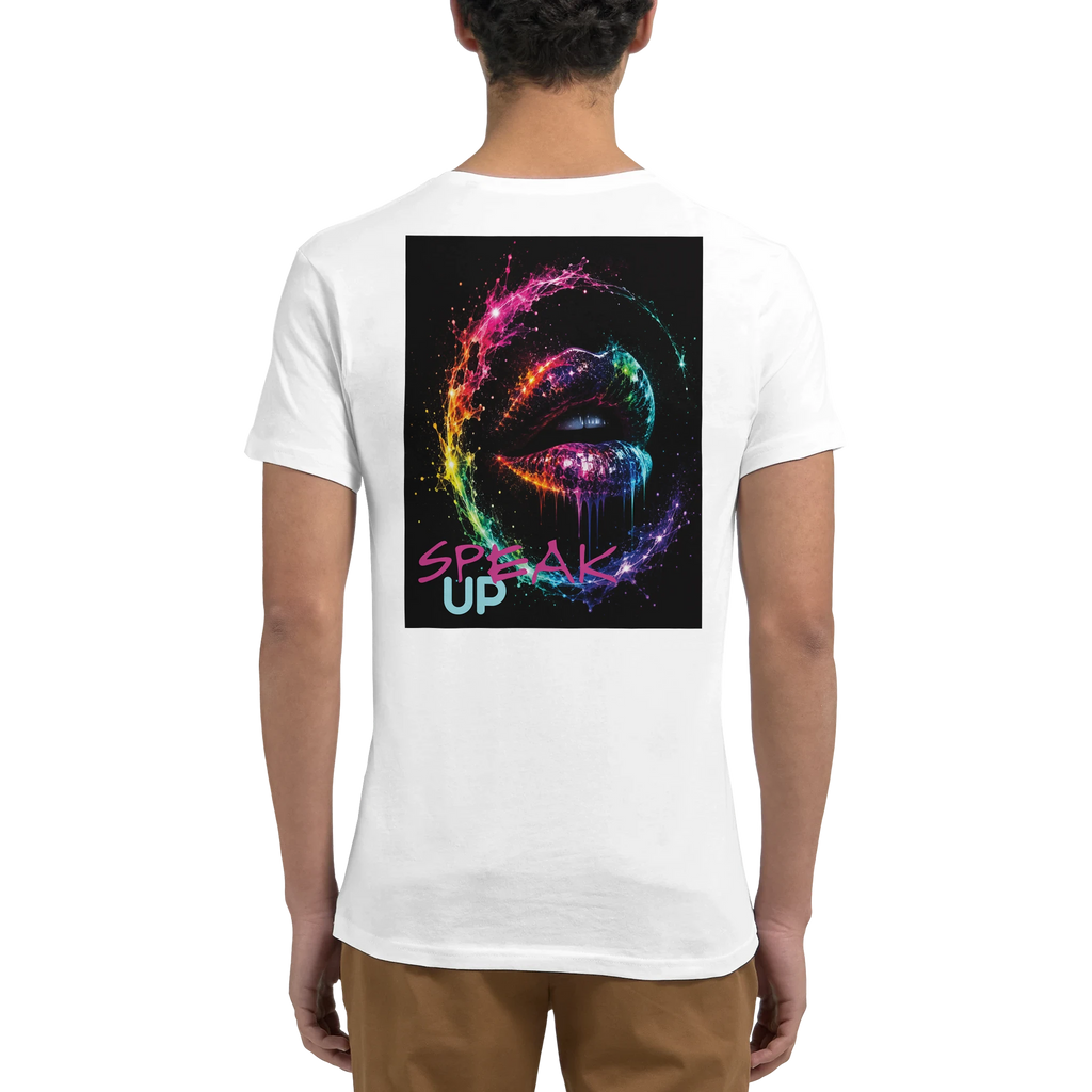 White unisex T-shirt shown from the back, featuring a colorful surreal neon lips design with the statement “SPEAK UP” in pink and turquoise.