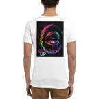 White unisex T-shirt shown from the back, featuring a colorful surreal neon lips design with the statement “SPEAK UP” in pink and turquoise.