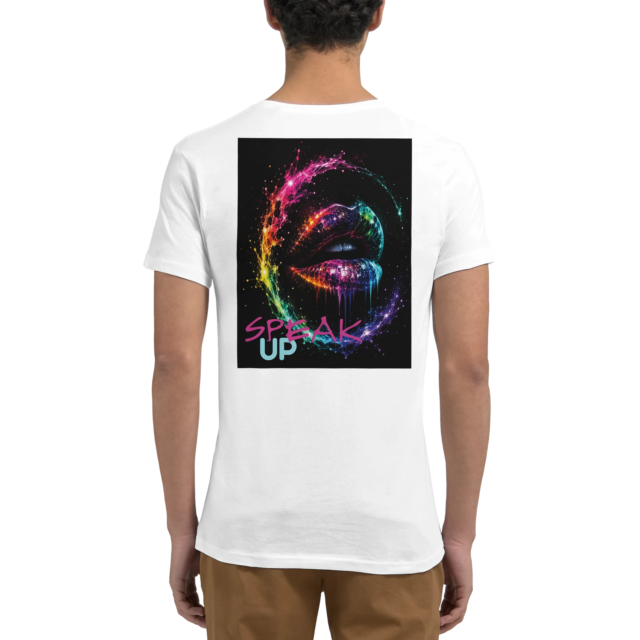 White unisex T-shirt shown from the back, featuring a colorful surreal neon lips design with the statement “SPEAK UP” in pink and turquoise.