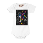 White organic baby bodysuit featuring a colorful moonlit fantasy doorway artwork with stars, rainbow splashes, and a magical dreamscape on a transparent background.