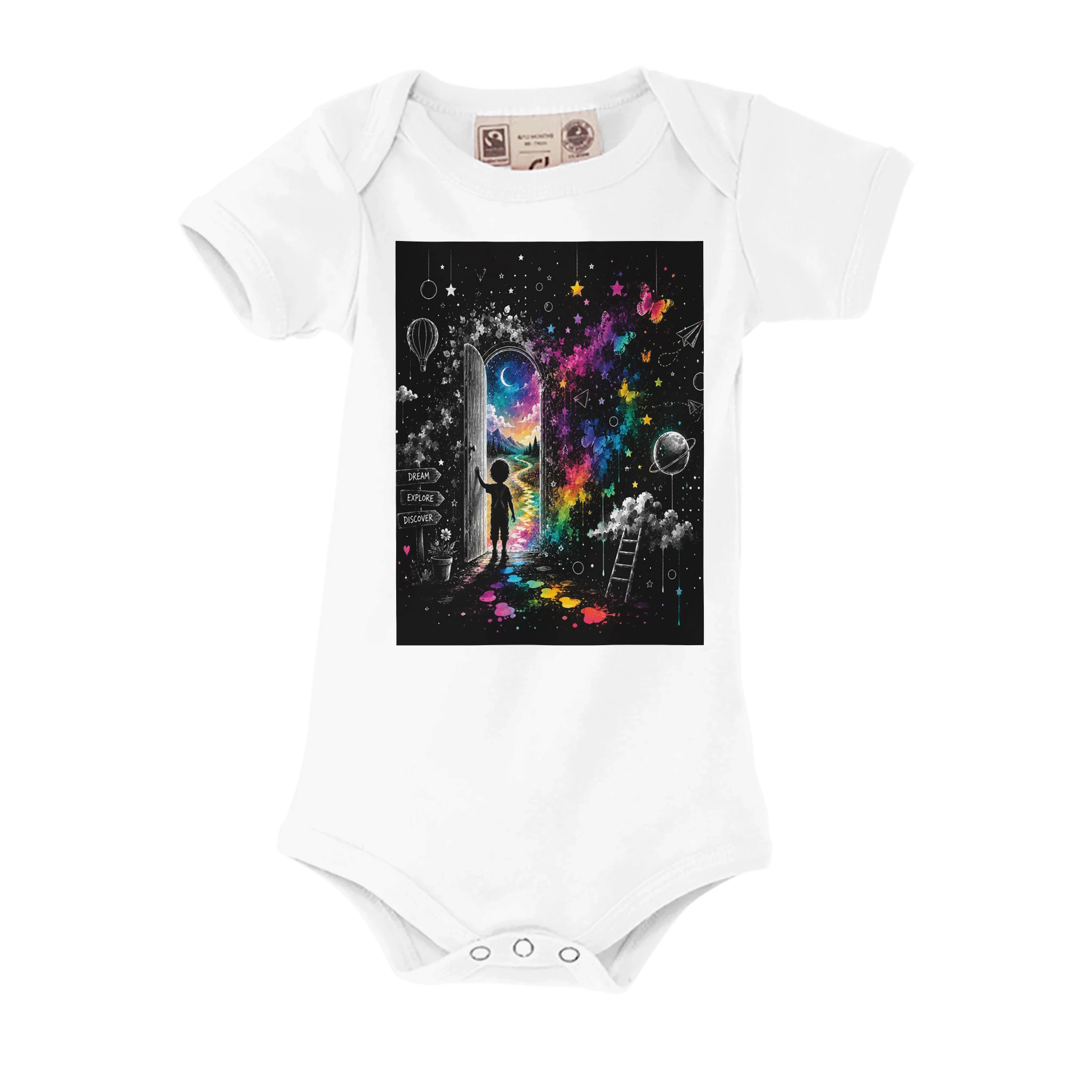 White organic baby bodysuit featuring a colorful moonlit fantasy doorway artwork with stars, rainbow splashes, and a magical dreamscape on a transparent background.