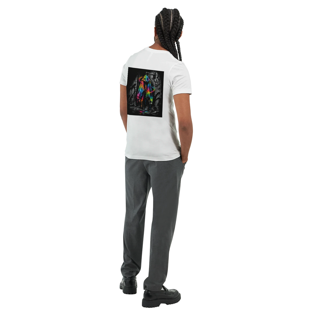 Male model shown from behind wearing a white T-shirt with a vivid neon rainbow hoodie back print against a black-and-white graffiti background, paired with dark grey trousers for a modern urban streetwear look.