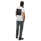 Male model shown from behind wearing a white T-shirt with a vivid neon rainbow hoodie back print against a black-and-white graffiti background, paired with dark grey trousers for a modern urban streetwear look.