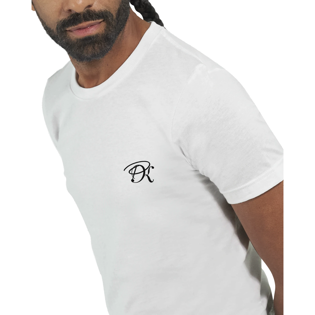 Male model wearing a white T-shirt with a small black PK logo on the chest, shown in a close-up front view with a clean, minimal streetwear look.