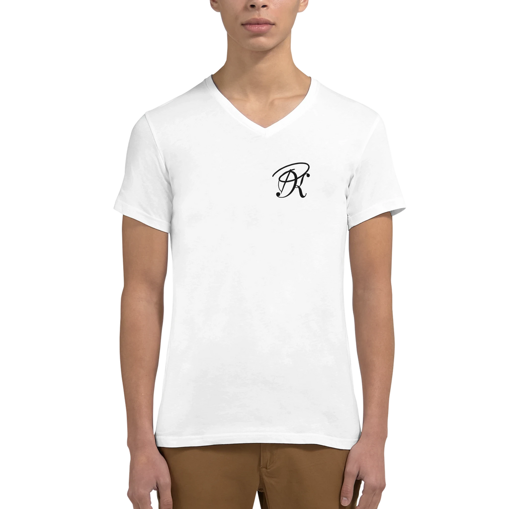 Male model wearing a white V-neck T-shirt with a small black monogram logo on the left chest, shown from the front.