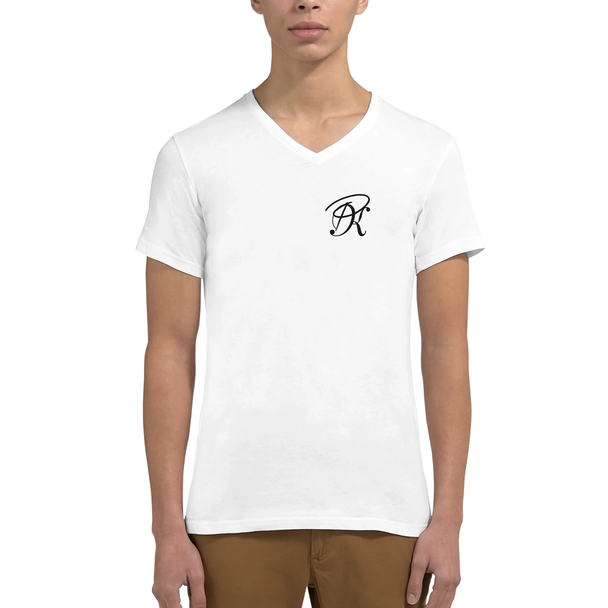 Male model wearing a white V-neck T-shirt with a small black monogram logo on the left chest, shown from the front.