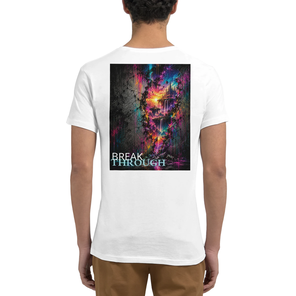 Back view of a white unisex T-shirt featuring a large “BREAK THROUGH” back print with a surreal neon landscape emerging through a cracked dark wall in pink, turquoise, purple, and yellow tones.