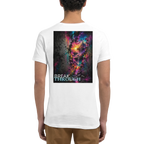 Back view of a white unisex T-shirt featuring a large “BREAK THROUGH” back print with a surreal neon landscape emerging through a cracked dark wall in pink, turquoise, purple, and yellow tones.