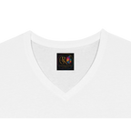 Close-up of the inside V-neck of a white unisex T-shirt featuring the Personiq Kaleido branded inner neck label.