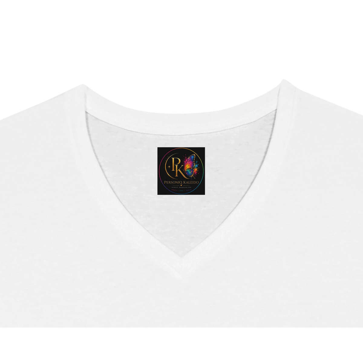 Close-up of the inside V-neck of a white unisex T-shirt featuring the Personiq Kaleido branded inner neck label.
