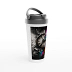 Angled view of a 15oz stainless steel travel mug featuring a surreal street art illustration of a fractured vintage clock. The design combines a predominantly black-and-white composition with vibrant rainbow powder splashes, geometric fragments, and expressive paint drips, symbolizing the passage of time, transformation, and creative energy.