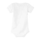 Back view of a white organic baby bodysuit with a clean, blank design.