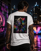 Tattooed men wearing a Personiq Kaleido T-Shirt with colorful neon street art artwork on the back in an urban night setting.