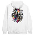 White Personiq Kaleido hoodie shown from the back with a surreal cosmic cityscape, neon rainbow accents, and the statement “A Brighter You Always Exists.”
