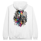 White Personiq Kaleido hoodie shown from the back with a surreal cosmic cityscape, neon rainbow accents, and the statement “A Brighter You Always Exists.”
