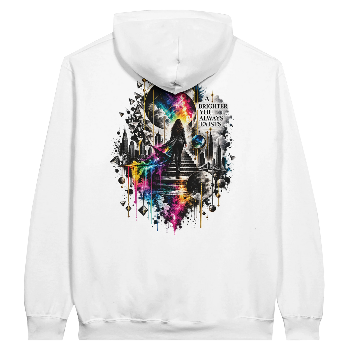 White Personiq Kaleido hoodie shown from the back with a surreal cosmic cityscape, neon rainbow accents, and the statement “A Brighter You Always Exists.”