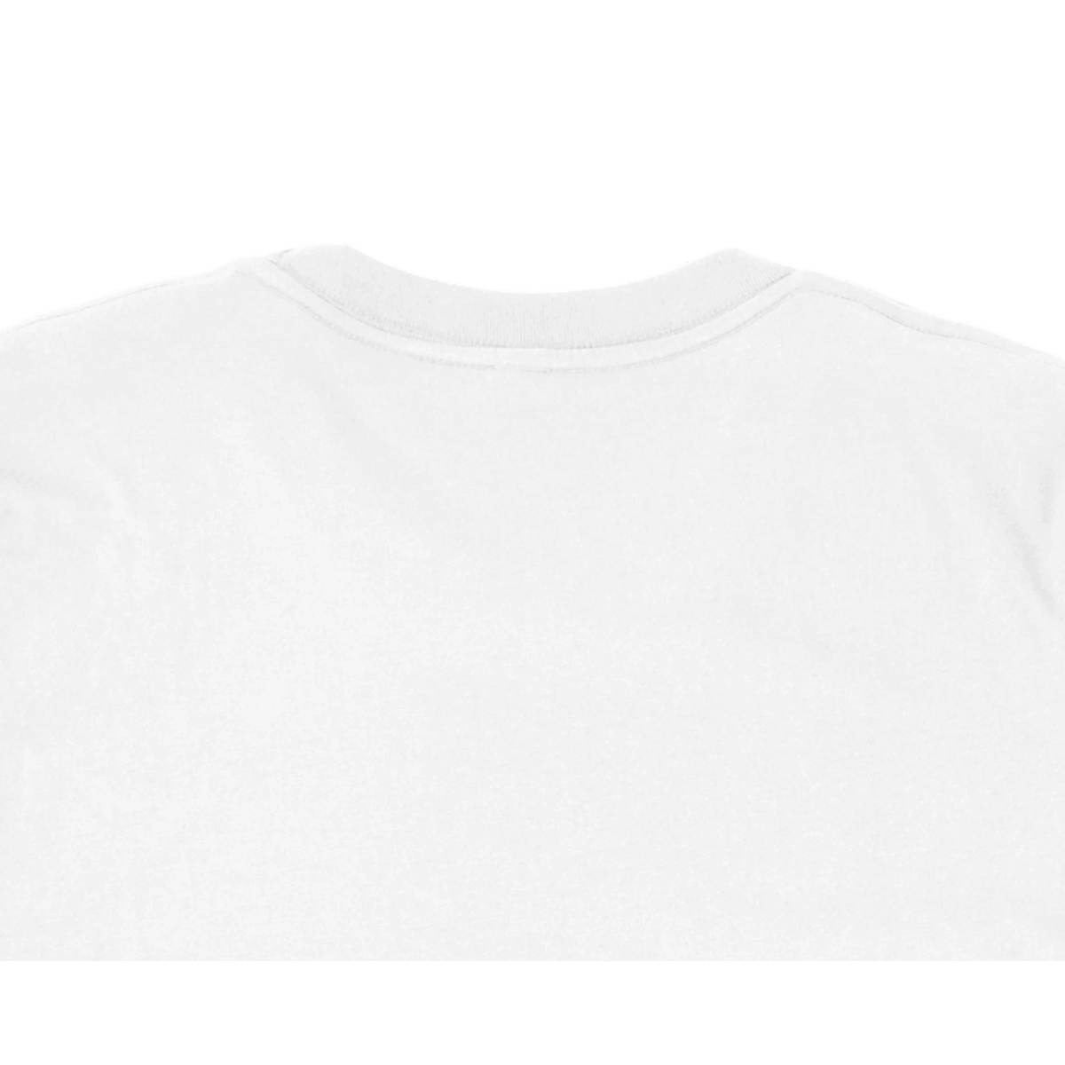 Close-up of the back neckline of a white unisex T-shirt, highlighting the clean finish, soft fabric and simple crew-neck construction.