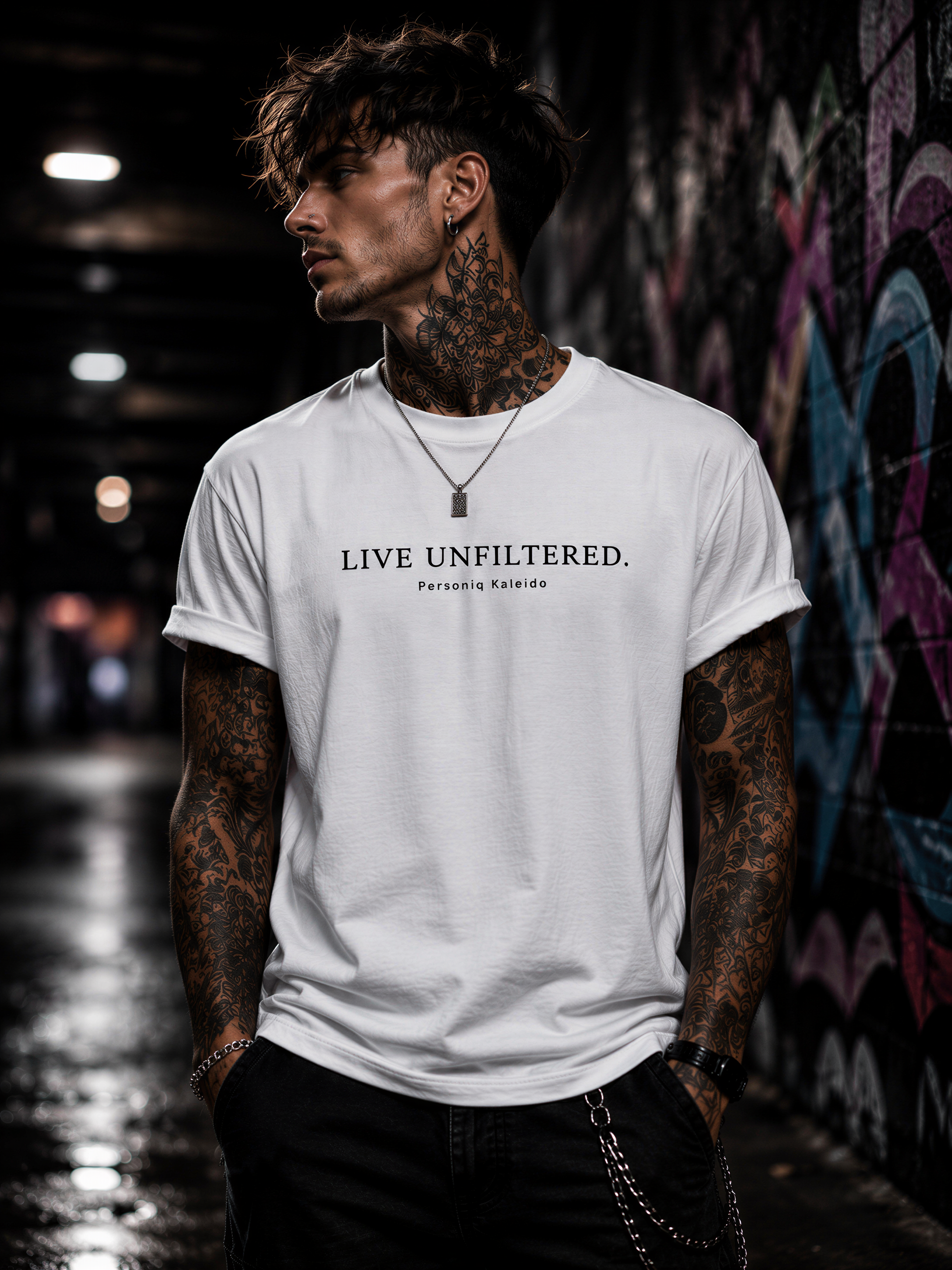 A man with tattoos on his arms is standing in front of a graffiti-covered wall, wearing a white t-shirt with the text "LIVE UNFILTERED. Perosnq kelido" printed on it.