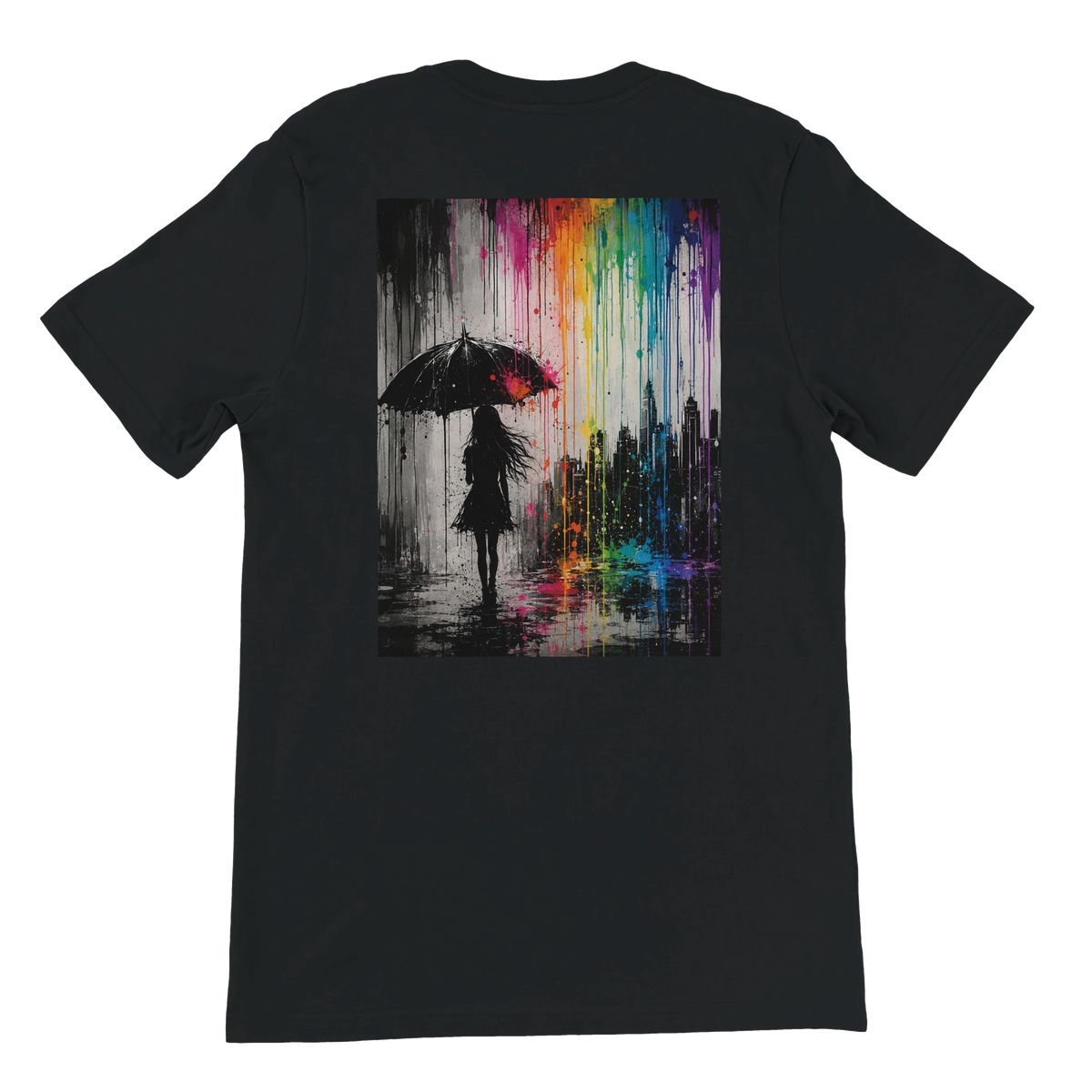 Back view of a black “Color the Grey” unisex T-shirt featuring a large monochrome umbrella silhouette and vibrant neon rainbow graffiti city artwork.
