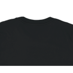 Close-up back view of a plain black unisex T-shirt, highlighting the fabric, neckline, and upper back area.