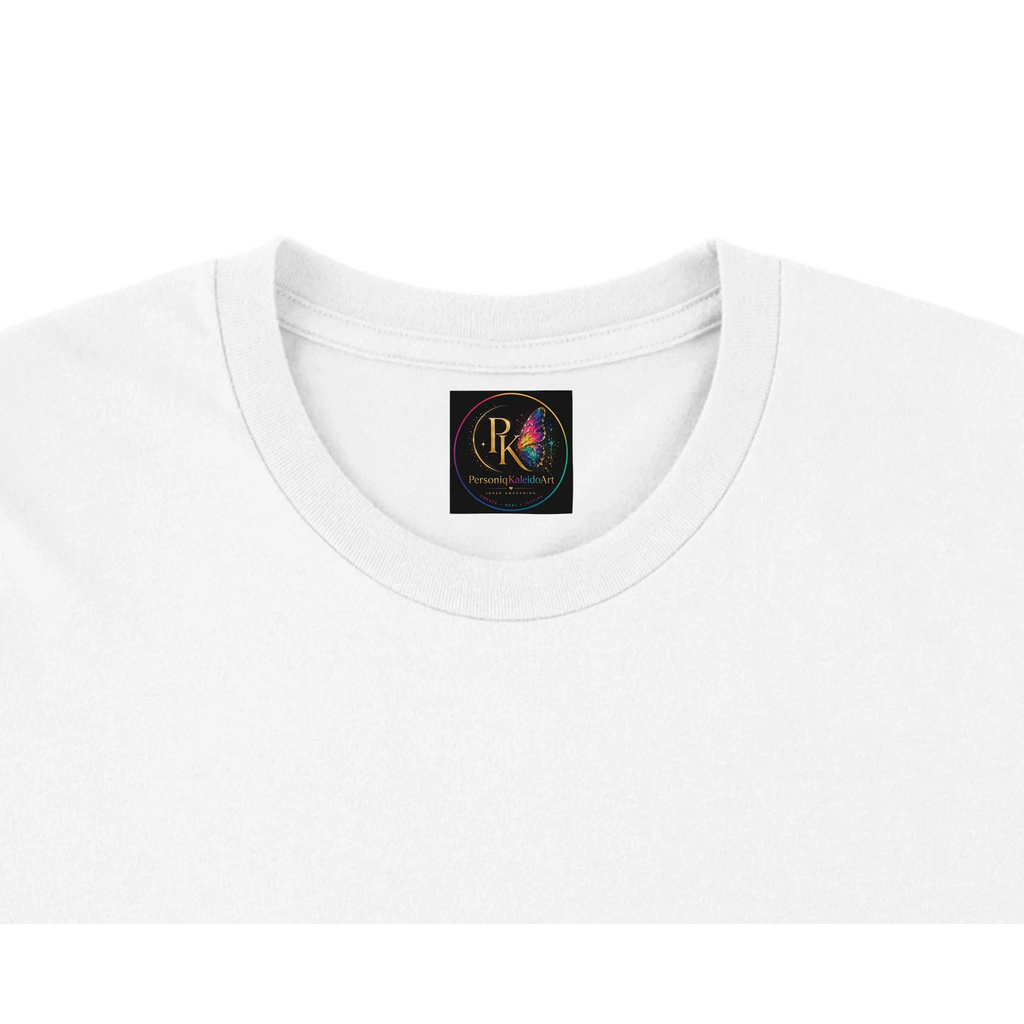 Close-up of a white unisex T-shirt neckline featuring a custom Personiq Kaleido inner neck label with the colorful brand logo.