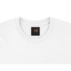 Close-up of a white unisex T-shirt neckline featuring a custom Personiq Kaleido inner neck label with the colorful brand logo.