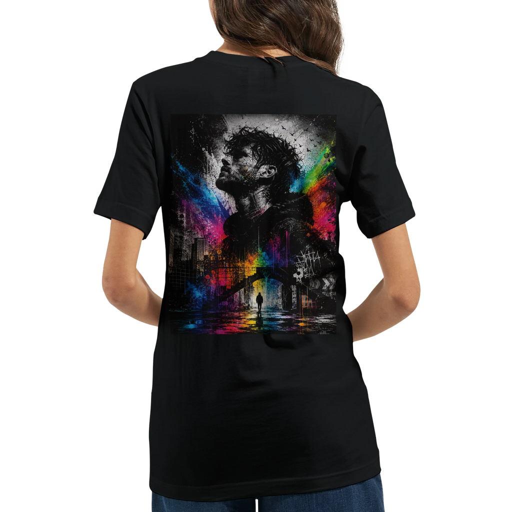 Female model shown from the back wearing a black unisex T-shirt with a large surreal urban artwork featuring a monochrome male portrait, city elements, and vivid rainbow neon color splashes.