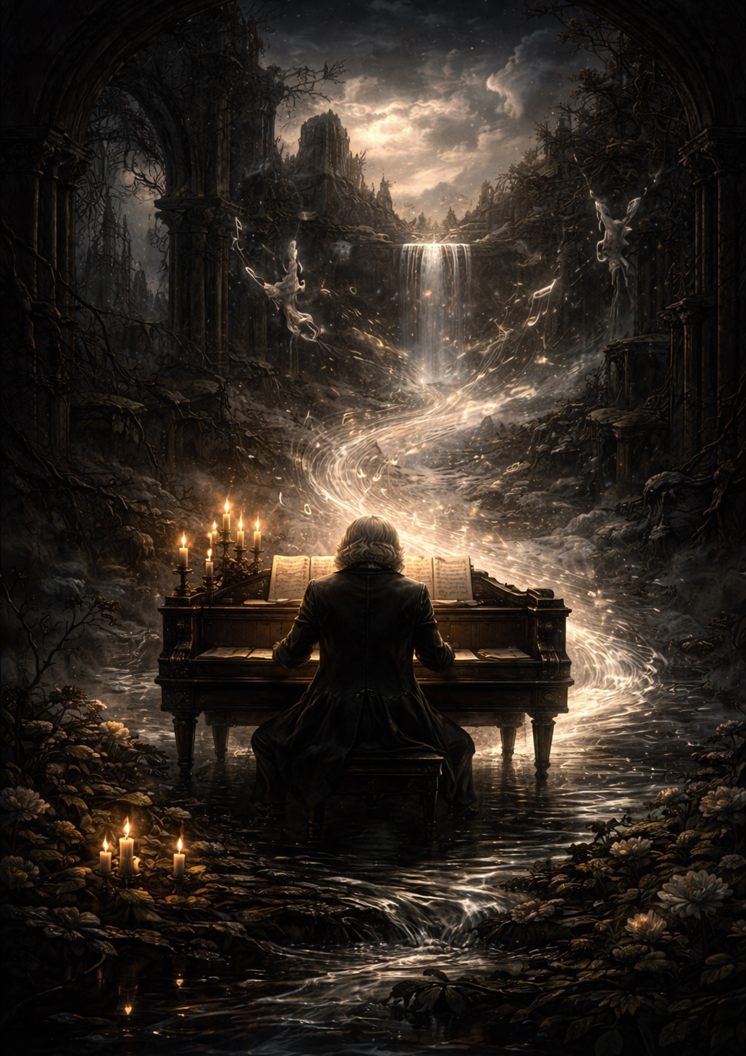 Mann am Klavier | Dark Fantasy KI Wandkunst l Printable Art