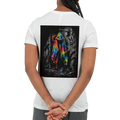 White statement T-shirt featuring a bold back print of a neon rainbow hoodie against a black-and-white graffiti wall. The vivid colors stand out strongly from the monochrome background, creating an expressive urban streetwear look.