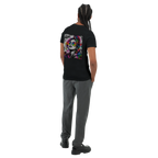 Black unisex statement T-shirt shown from the back on a male model, featuring a large NEON REBEL graffiti artwork with bold black-and-white details and vibrant neon rainbow accents.