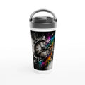 15oz stainless steel travel mug with a gray leak-resistant lid and carry handle, featuring a surreal shattered vintage clock design in black and white with vibrant rainbow powder splashes.