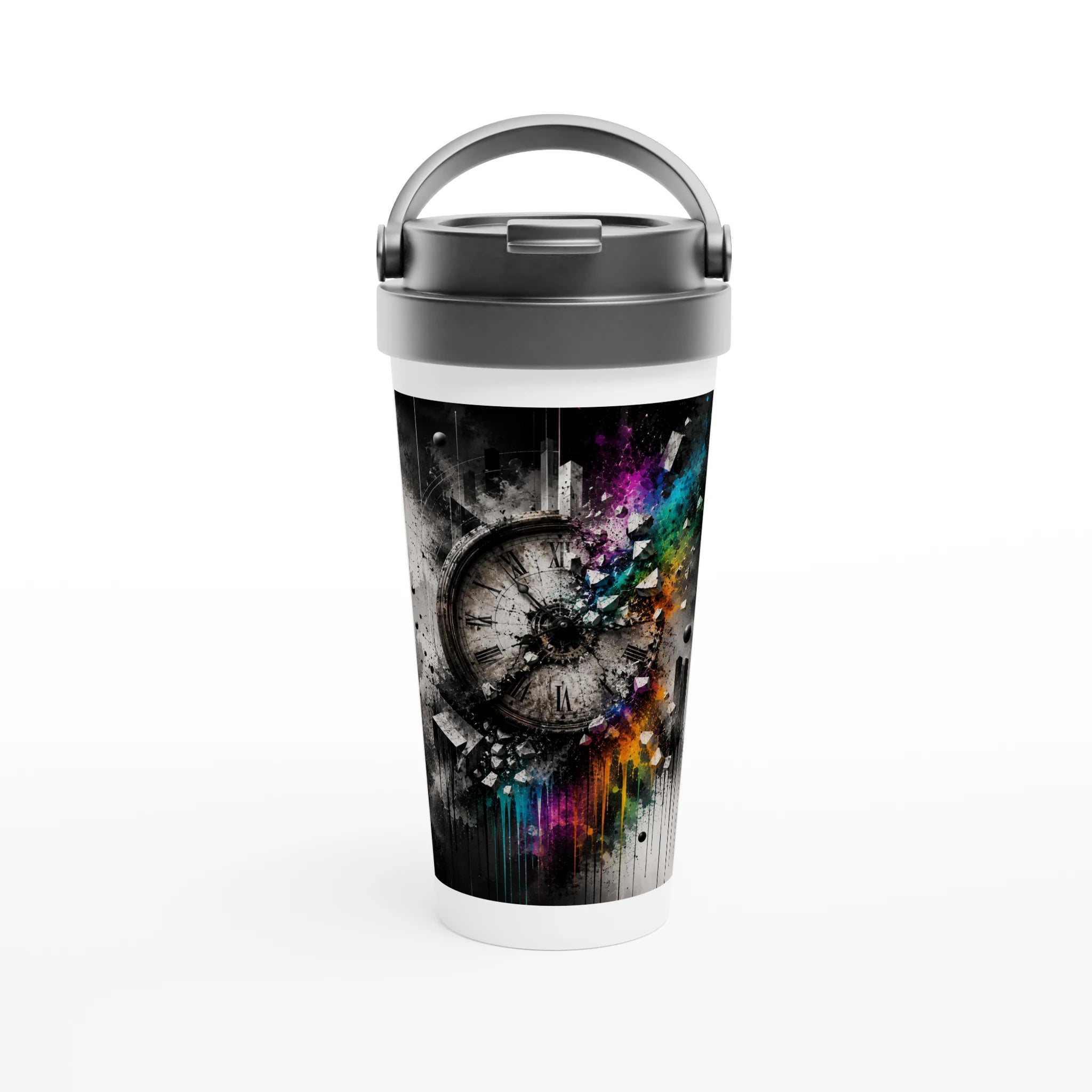 15oz stainless steel travel mug with a gray leak-resistant lid and carry handle, featuring a surreal shattered vintage clock design in black and white with vibrant rainbow powder splashes.