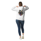 Female model shown from the back wearing a white Personiq Kaleido hoodie with a surreal neon rainbow back print and the statement “A Brighter You Always Exists.”