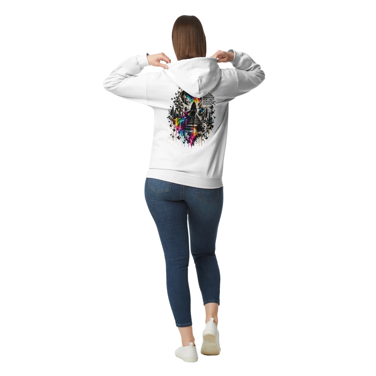 Female model shown from the back wearing a white Personiq Kaleido hoodie with a surreal neon rainbow back print and the statement “A Brighter You Always Exists.”